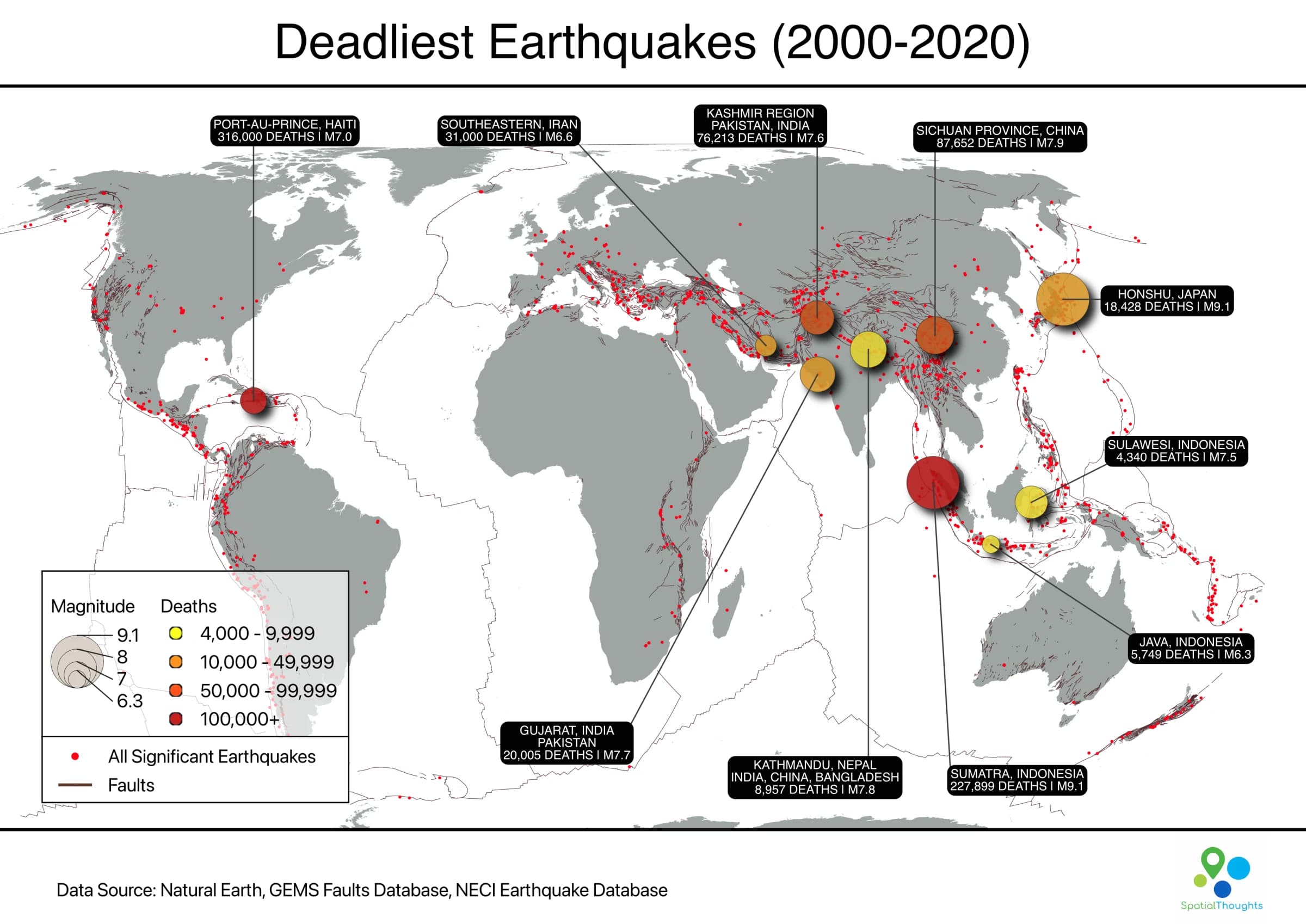 World map titled Deadliest Earthquakes 2000–2020, showing significant earthquakes, mapped faults, and labelled major fatal events.